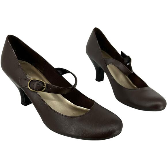 Vintage 90s y2k Women's Brown Lower East Side Buckle Mary Jane Heel Pumps Sz 9M - Picture 1 of 7